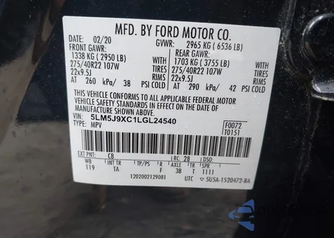 2020 Lincoln Aviator Black Label из США, поврежденный, VIN 5LM5J9XC1LGL24540